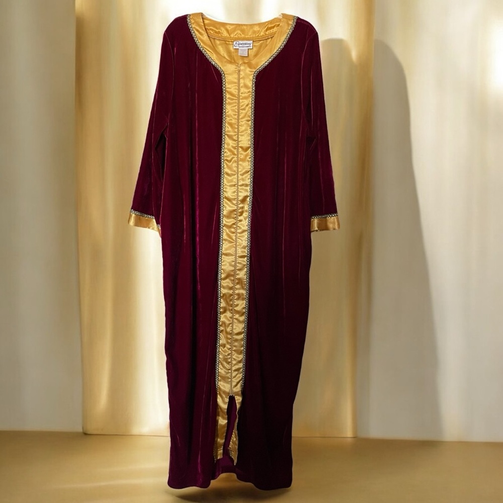 Vintage Robe - Dark Cranberry & Gold Trimmed Velvet / Velour Luxury Robe | Sz L